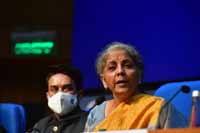 Union Minister for Finance and Corporate Affairs, Nirmala Sitharaman addressing a Post Budget 2021 Press Conference, in New Delhi, India on 1st February 2021. The Minister of State for Finance and Corporate Affairs, Shri Anurag Singh Thakur in the picture Union Minister for Finance and Corporate Affairs, Nirmala Sitharaman addressing a Post Budget 2021 Press Conference, in New Delhi, India on 1st February 2021. The Minister of State for Finance and Corporate Affairs, Shri Anurag Singh Thakur in the picture